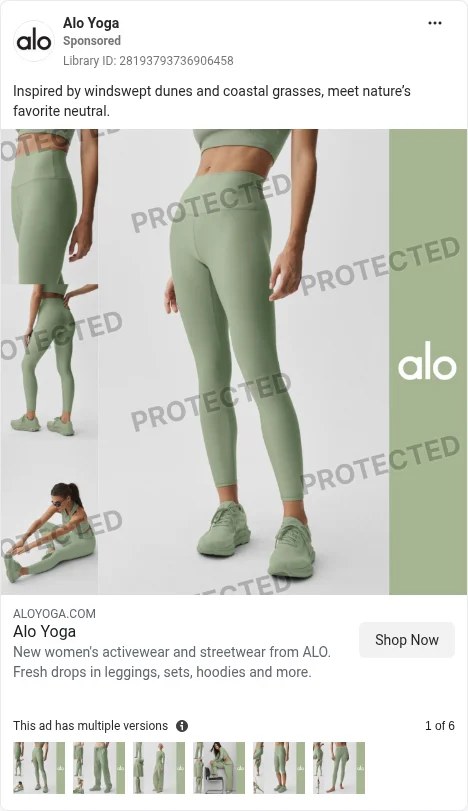 Based on Ad Library ID 28193793736906458 — Alo Yoga public Meta creative (left-column crop).