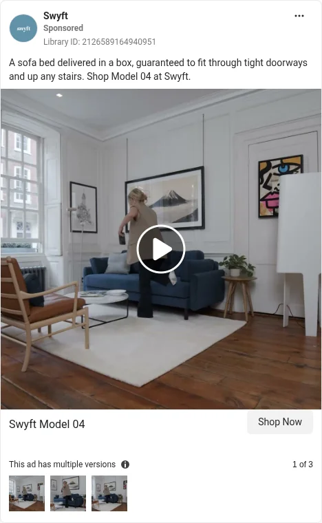 Based on Ad Library ID 2126589164940951 — Swyft doorway-fit / guaranteed-to-fit video (left-column crop).