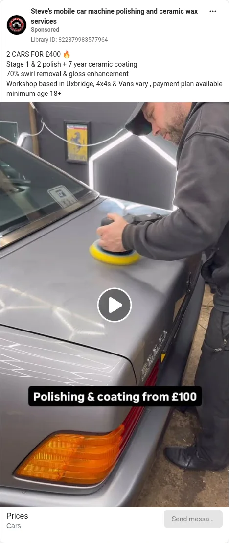 Based on Ad Library ID 822879983577964 — Steve's mobile car machine polishing public Meta creative (left-column crop).