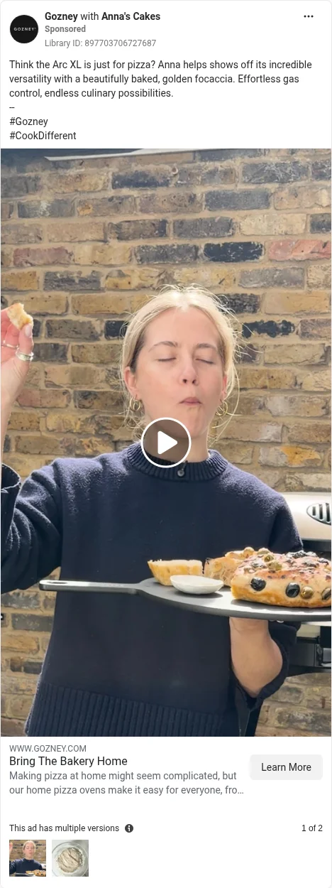 Based on Ad Library ID 897703706727687 — Gozney × Anna’s Cakes public Meta creative (left-column crop).