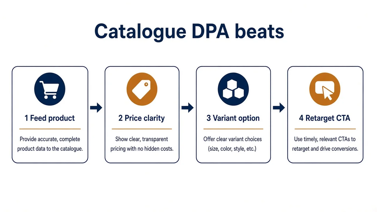Diagram of a fashion catalogue DPA card: signal, matched SKU, price clarity, CTA.