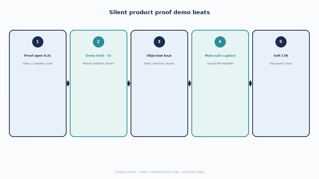 Diagram of silent product proof demo beats: proof open, demo hold, objection beat, mute-safe caption, soft CTA.