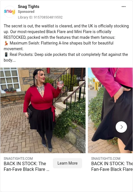 Based on Ad Library ID 915708504819592 — Snag Tights public Meta creative (left-column crop).