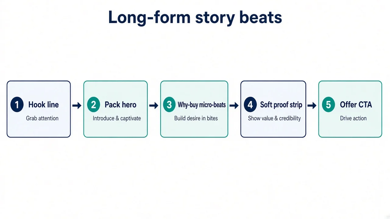 Diagram of a long-form supplement static storyboard: hook, pack hero, micro-beats, proof strip, CTA.