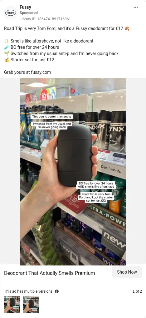 Based on Ad Library ID 1364741891716861 — Fussy "Road Trip is very Tom Ford… £12" scent-comparison static. Format reference only, not an endorsement; the third-party perfume comparison needs a trade-mark / ASA check (left-column crop).
